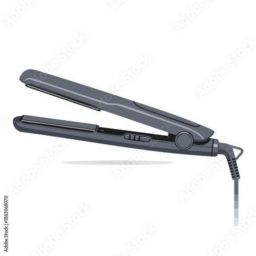 Gray hair styling tool, open at top, power cord attached, on white surface