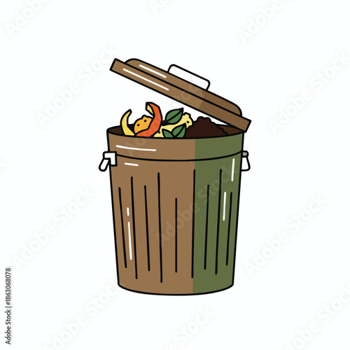 An open cartoon trash can filled with food scraps on a white background