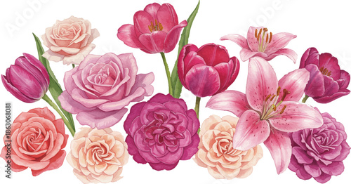 A vibrant arrangement of roses lilies and tulips in various shades of pink displayed against a white background