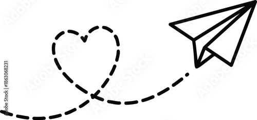 Paper Airplane Flying with Heart Shaped Dashed Trail Line Art Illustration for Love and Travel