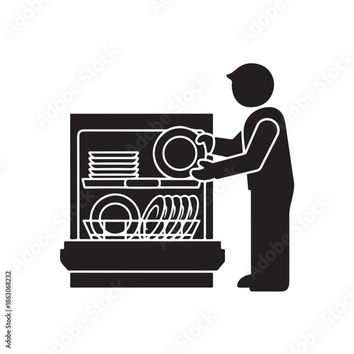 Person loading dishwasher with clean dishes in modern kitchen with monochromatic color scheme and simple illustration style for household chore