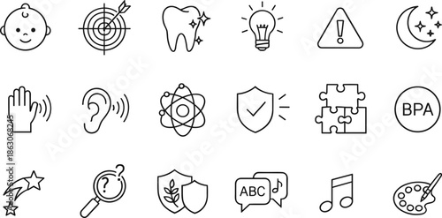 Complete child development and baby safety line icon set featuring early education symbols dental care BPA free labels and sensory learning icons