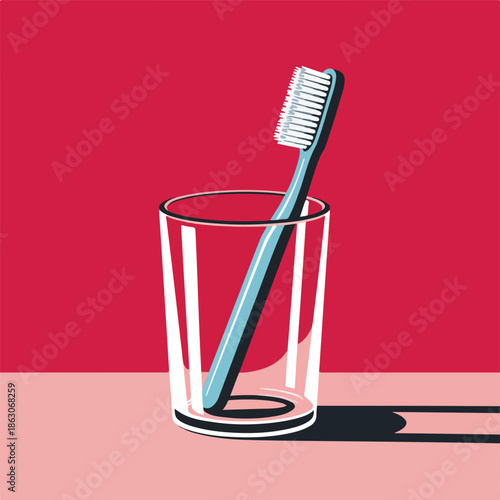 A clean blue plastic toothbrush with white toothpaste sits in a glass cup alongside a red straw, isolated on a white background for dental hygiene and healthcare