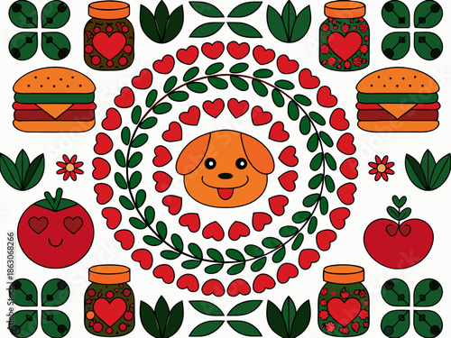 Colorful pattern featuring burgers tomatoes jars hearts and a dog illustration