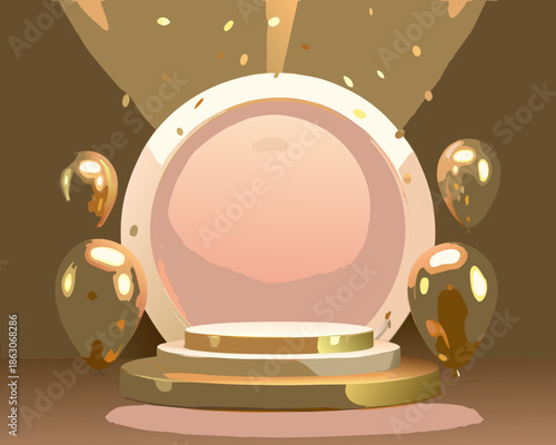 A golden stage with a pink spotlight and floating balloons for presentation