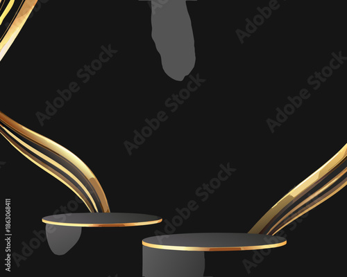 Elegant black and gold platforms for product display or presentation backdrop