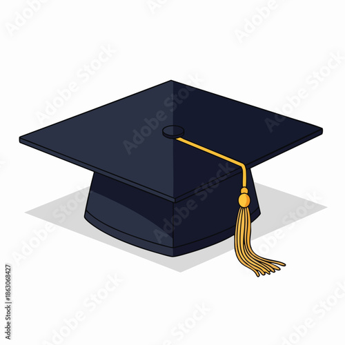 A black, cartoonish graduation mortarboard with a yellow tassel, casting a shadow