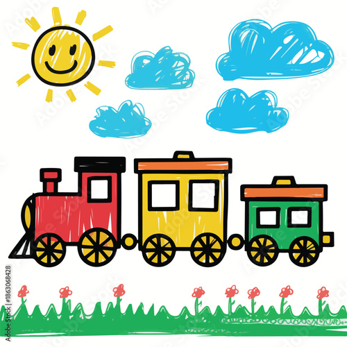 A fun cartoon steam locomotive pulls a colorful toy wagon on a holiday railway vector illustration for children's transport design
