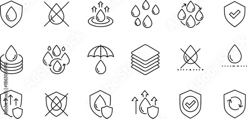 Complete waterproof and moisture protection line icon set featuring liquid resistance shields umbrella raindrops hydrophobic surface and durability testing symbols