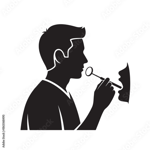 Man examining face silhouette in magnifying glass in black and white minimalist style for identity verification