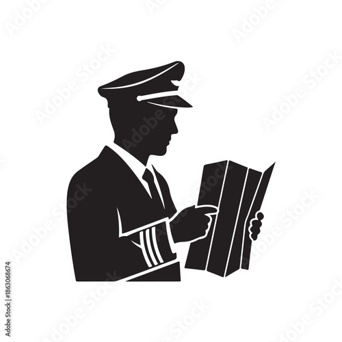 Pilot reading navigation chart in monochrome silhouette with dramatic lighting for aviation theme