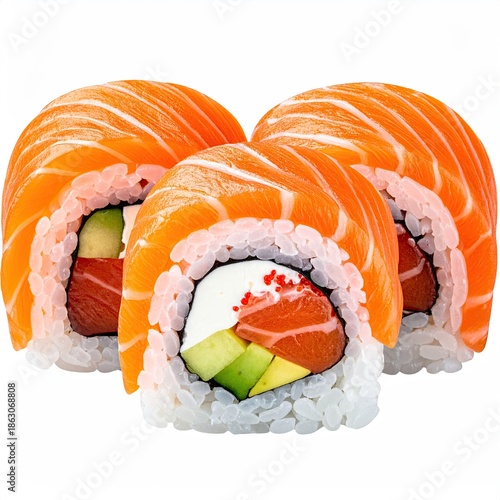 Wallpaper Mural Close-up of three vibrant, fresh sushi rolls with salmon, avocado Torontodigital.ca