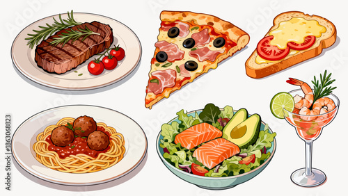 Assorted food dishes illustration