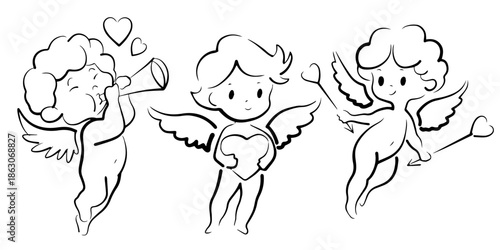 Hand drawn doodle style cupid illustrations including cupid with horn, cupid holding heart, and cupid with love arrows. Ideal for Valentines Day cards, banners and romantic graphics