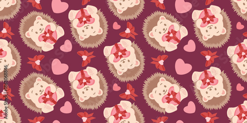 Seamless Valentines Day pattern with cute hedgehog tangled in heart garlands and lights on burgundy background. Ideal for textile prints, gift wrap, fabric, wallpapers and romantic holiday designs