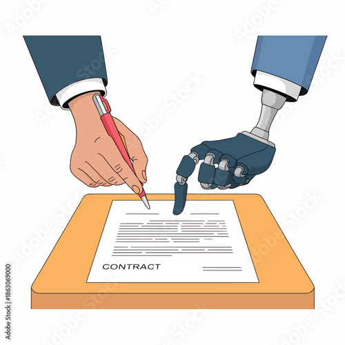 An illustration of a human hand and a robotic prosthetic hand signing a contract together on a table with a white background, conveying accessibility and inclusive agreement.