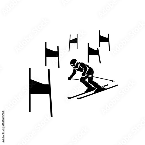 Skier in Motion with Flags Ahead.
