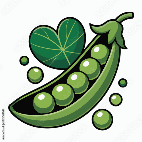 Green organic peas in the pod on a white background with a natural leaf design vector illustration for an eco food logo symbol