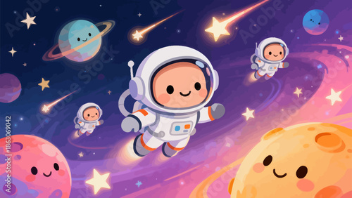 Cute astronauts floating in space