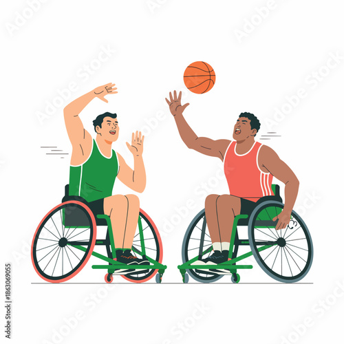Two men in wheelchairs playing basketball with a focus on adaptive sports and disability empowerment in an inclusive setting.