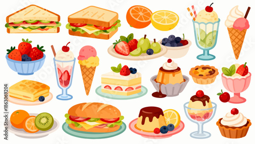 Illustration of various sandwiches and desserts