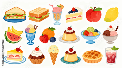 Illustration of various foods and desserts