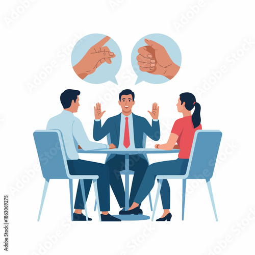 Illustration of a diverse team using sign language with hands while sitting around a table in an inclusive meeting setting with a focus on accessibility and empowerment.