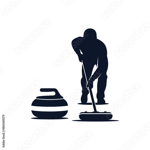 Man sweeping ice in curling sport.