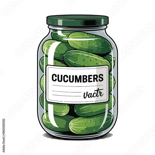 Isolated glass jar of preserved green vegetables including pickled cucumbers and peas as a healthy vegetarian snack or ingredient on white background