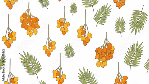 Sea Buckthorn Berries and Fern Leaves Pattern.