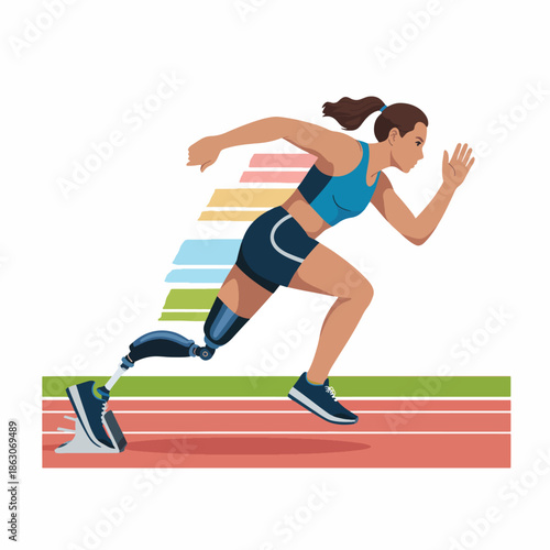 Illustration of a determined female athlete with a prosthetic leg running on a track with a vibrant, multicolored background conveying empowerment and adaptive sports in a dynamic,