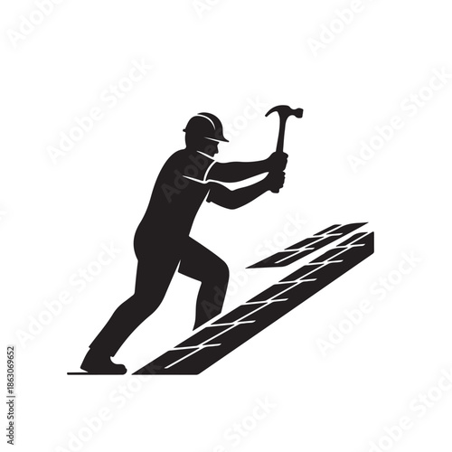 Construction Worker Hammering Roof Tiles in Silhouette Style with Dramatic Lighting on White Background for Industrial Use