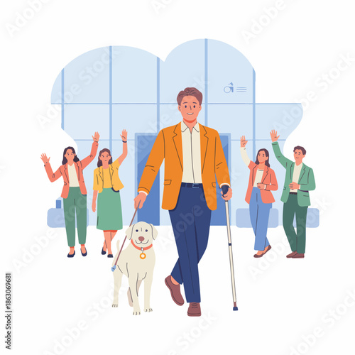 A man with a service dog and crutches walks forward with a diverse group of people waving in the background, conveying a sense of empowerment and inclusivity in a modern setting with a