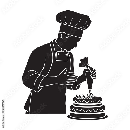 Chef decorating cake in black silhouette with white outline and piping bag in modern minimalist style for bakery advertising
