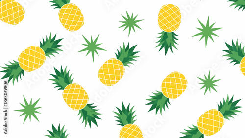Pineapples Pattern with Leaves on White Background.