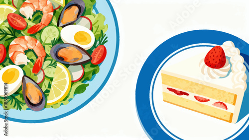 Salad and cake illustration