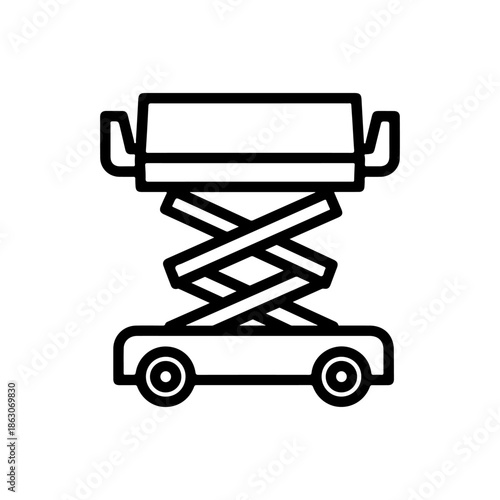 Vector outline icon of a mobile scissor lift, representing an aerial work platform for construction, industrial, and maintenance tasks, ideal for digital graphics