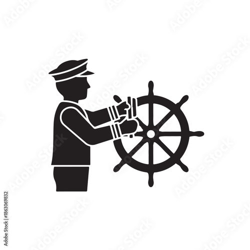 Sailor at helm in minimalist silhouette style with bold black lines on white background for navigation icon