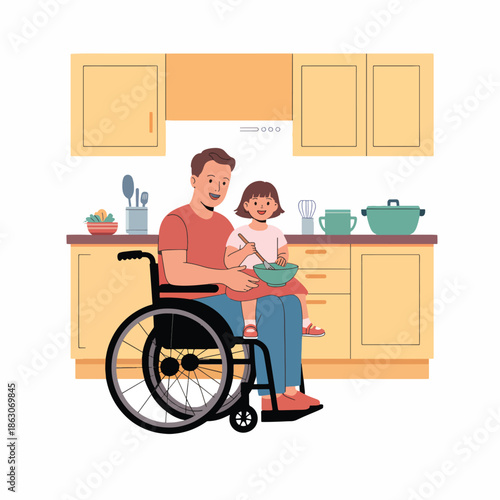 A man in a wheelchair and a young girl prepare a meal together in a kitchen, conveying a sense of inclusivity and accessibility with a warm atmosphere.