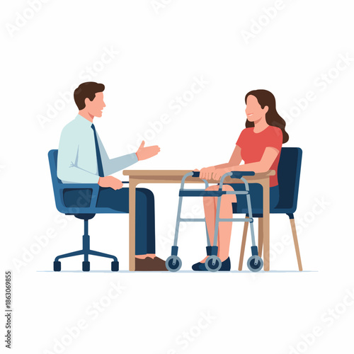 Illustration of a man and a woman with a prosthetic leg sitting at a table, engaged in conversation, promoting accessibility and inclusive communication in a neutral setting.