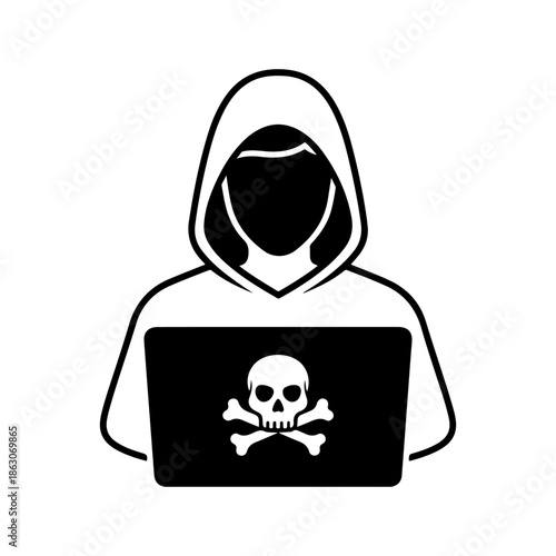 Vector illustration of a hooded hacker at a laptop with a skull and crossbones symbol, representing cybersecurity threats and data protection risks