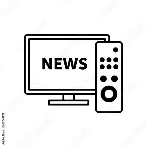 Minimalist line art icon of a television screen showing news alongside a remote control, symbolizing digital media, current events, and global information access