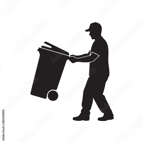 Waste Collector Silhouette Pushing Trash Page in Monochromatic Minimalist Style with High Contrast Lighting on White Background for Environmental Awareness