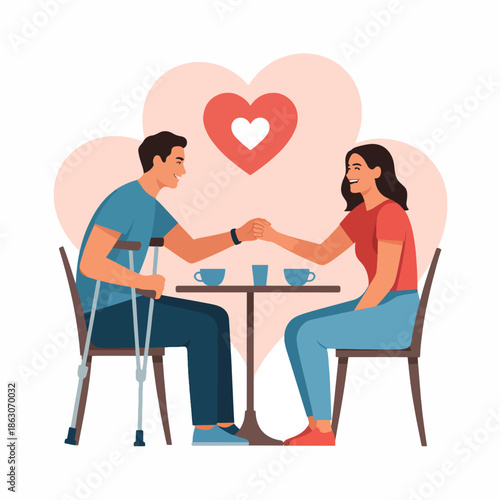 Illustration of a man with a crutch and a woman sitting at a small table with two cups, conveying a warm and inclusive atmosphere with a heart symbol in the background.