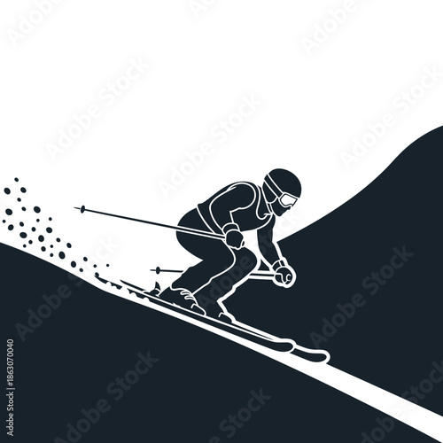 Man skiing down snowy mountain slope.