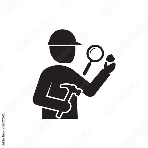 Inspector with magnifying glass and hammer in minimalist silhouette style on white background for icon or logo
