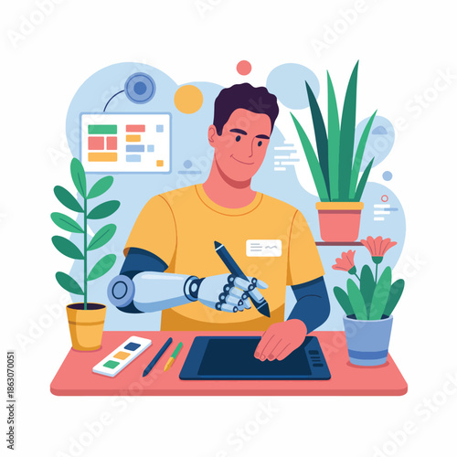 A man with a prosthetic arm works on a digital tablet surrounded by plants in a vibrant, inclusive workspace promoting accessibility and diversity.