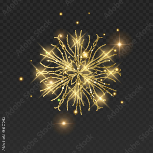 Ornate golden vector snowflake with a luxurious glitter texture and elegant filigree patterns. This detailed winter crystal is decorated with glowing sparks, bright lens flares, and magical golden dus