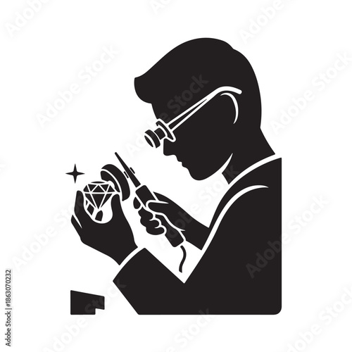 Jew Pageant Jeweler Examining Diamond in Modern Minimalist Silhouette with Dramatic Lighting for Luxury Page