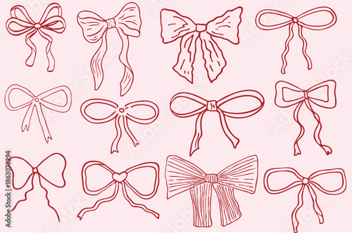 set of Hand drawn coquette bows and ribbons. Aesthetic elegant girly bows. Elegant vintage girly decor. Trendy art symbol for wedding invitations. Doodle line art vector